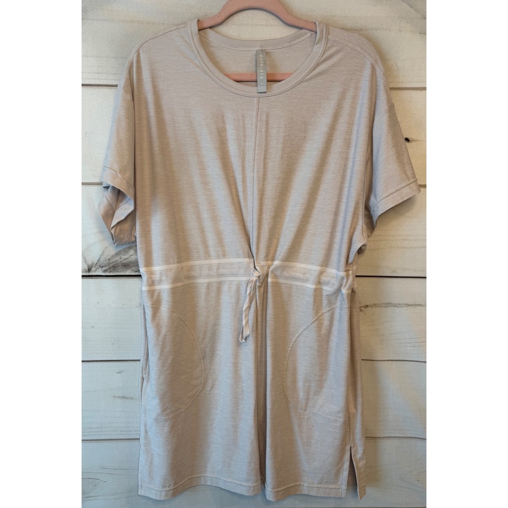 Athleta Purist Tee Dress Oatmeal Heather Beige Short Sleeve Mini Drawstring S